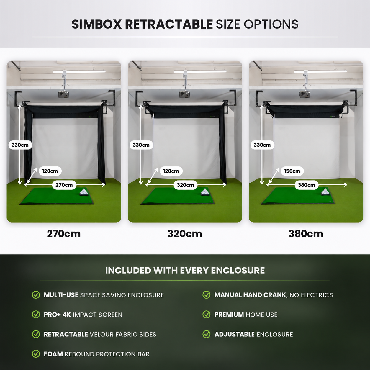 Golfbays Retractable Simbox Golf Simulator Enclosure - W 3.8m x H 3m x D 1.5m